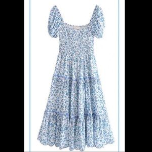 Sunday Up blue floral midi dress tiered. Can be worn on or off shoulders.
